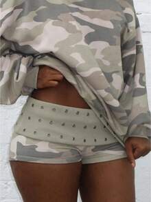 Womens Summer Fold Over Shorts Casual Slim Fit Stylish Rivet Design Low Rise Shorts - color camuflaje - Ver 1