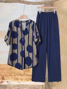 Conjunto informal de blusa de manga corta con cuello en V a rayas y pantalón de pierna ancha para mujer - Azul marino 2 - Ver 12