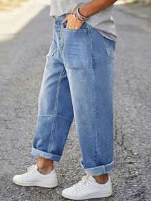 Fashion Non-Stretch Loose Plus Size Denim Jeans With Button Decoration Plus Size Long Pants Casual - Light Blue - View 4
