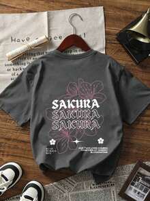 Women's Casual White T-Shirt With Sakura Graphic Print, Short Sleeve With Drop Shoulders, Round Neck, Medium Elasticity Knit Fabric For Spring Fashion - 深灰色 - 查看 3