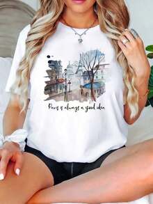 Casual T-Shirt: Women's Casual Shirt With Landscape Print: A Soft And Breathable Short-Sleeved, Crew-Neck Blouse Featuring The "Paris Is A Good Idea" Design, Perfect For Casual Outings And Outdoor Activities. Made From Breathable 180 G/M² Fabric. 100% Durable Cotton - 白色 - 查看 2