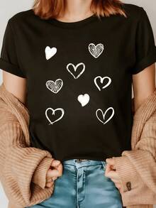 A Series Of White Hearts Symbolizing Love, Purity, And Emotional Connection On A Dark Background Conveys Warmth And Tenderness. A Modern, Casual Women's T-Shirt For Everyday Wear. - 黑色 - 查看 1