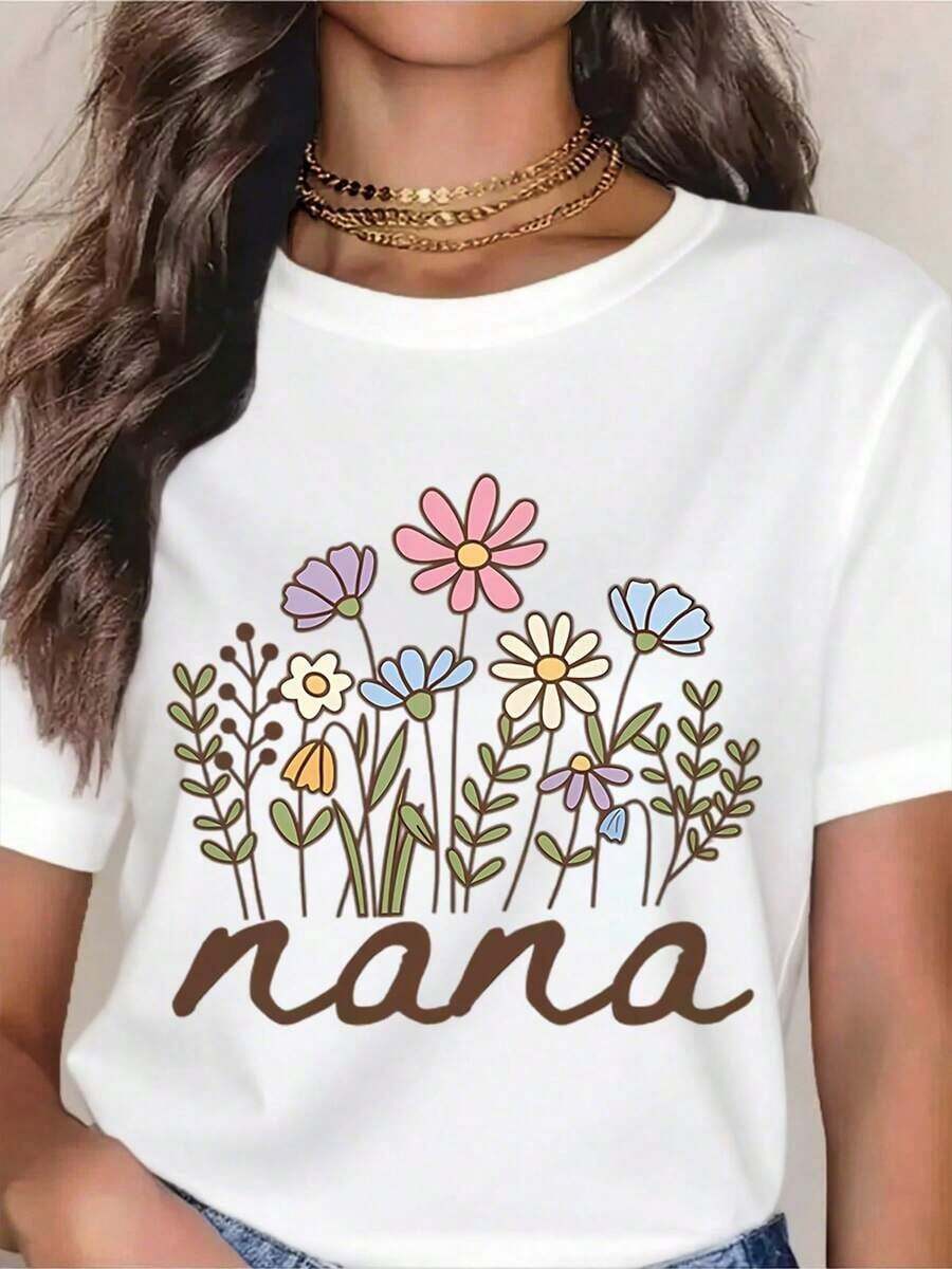 PremiumNana Floral Garden T-Shirt For Grandma - Cute Mother's Day Gift, Women's Casual Summer T-Shirt With Colorful Floral Design, Perfect For Grandma, Mom, Or Grandmother On Special Occasions. Gift Idea. - 白色 - 查看 1