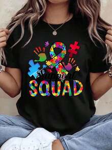 Women's Cotton T-Shirts, Colorful Puzzle Ribbon Design For Autism Awareness Support Team, Ideal For Autism Awareness Month And Community Events, Women's Basic Blouses. - 黑色 - 查看 2