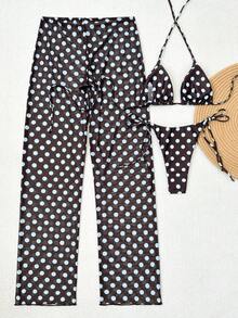 Bộ bikini 3 mảnh chấm bi dành cho nữ, kiểu dáng cổ yếm, hở lưng, kèm quần lưới buộc dây, trang phục thường ngày phong cách vintage đi biển, thích hợp cho mùa xuân/hè. - Chấm bi màu xanh nhạt - Xem 3