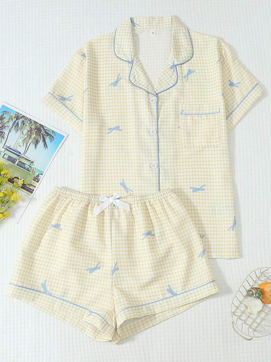 2pcs/Set Piyama Wanita Nyaman Motif Kotak-kotak Kuning dengan Pita, Atasan Lengan Pendek Berkerah dan Celana Pendek Berpita, Musim Semi/Panas - Kuning - View 1