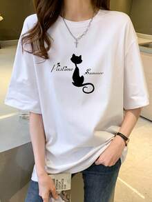Simple And Versatile Unisex Design [Korean Style] Women's Short Sleeve T-Shirt With Cat Back Print - Loose And Modern Pure Cotton T-Shirt - 黑色 - 查看 2