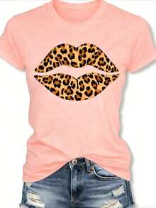 Women's Short Sleeve T-Shirt, New And Fashionable 2026 - Leopard Lips Print T-Shirt, Casual Crew Neck, Soft And Stretchy Fabric, Machine Washable, Fashionable Summer Top, Clothing, Custom T-Shirt, Comfortable And Fitted, Gift For Easter And Mother's Day, Streetwear. DRGK - 亮粉紅色-1 - 查看 1