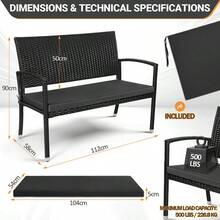 Schwarze Doppel-Balkonbank mit abnehmbaren und waschbaren Kissen, im Rattan-Look, XXL, bequeme Gartenbank, ergonomisch, für den Außenbereich, Parks, Balkone und Terrassen - Schwarz - Übersicht 2