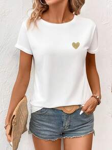 Women's Cotton T-Shirts With Round Neck, Casual New Yellow Heart Print + Fashionable Loose Casual Short Sleeve T-Shirt, Simple Top For Summer/Spring Vacation, Sexy, Sweet And Cute For Everyday Wear - 白色 - 查看 3