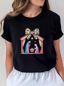 Women's Funny Christmas Nativity Scene T-Shirt, 180g, Nice Gift For Friends And Family, Casual Holiday T-Shirt - Urban Vintage Style, Unisex, Cotton, Short Sleeve, Round Neck - 黑色 - 查看 7