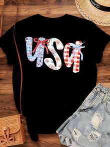 Women's Patriotic T-Shirt With US Flag, Red And Blue Floral Pattern, Fourth Of July Celebration, Independence Day, Casual Summer T-Shirt, 220g - Urban Vintage Style, Unisex, Loose Fit, Cotton, Short Sleeve, Crew Neck, 100% Pure Cotton - 黑色 - 查看 4