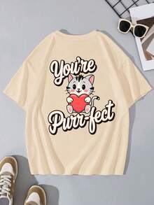 1 pieza Camiseta de niña con estampado de gato lindo, patrón "Eres Purr-Fect", manga corta, tela suave y cómoda, top casual para uso diario - Albaricoque - Ver 3