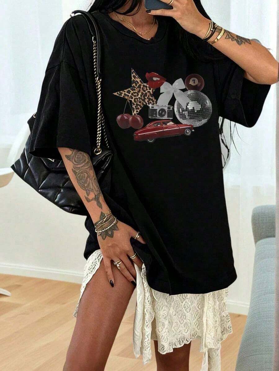 Women's Short-Sleeved, Round-Neck T-Shirt With Vintage Car, Disco Ball, And Cherry Print; Casual Style, Suitable For Everyday Wear; Skin-FriendlyPure-Cotton Color - 黑色 - 查看 1