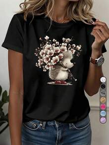 Women's T-Shirt With Hedgehog And Flower Design - High Elasticity Round Neck, Casual Blouse With Hedgehog Bouquet Print, Ideal For Spring And All Seasons, Machine Washable, Comfortable For Daily Wear (Perfect Gift For Mother's Day) - 黑色 - 查看 1
