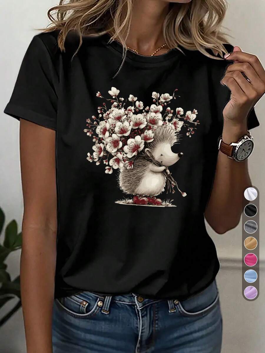 Women's T-Shirt With Hedgehog And Flower Design - High Elasticity Round Neck, Casual Blouse With Hedgehog Bouquet Print, Ideal For Spring And All Seasons, Machine Washable, Comfortable For Daily Wear (Perfect Gift For Mother's Day) - 黑色 - 查看 1