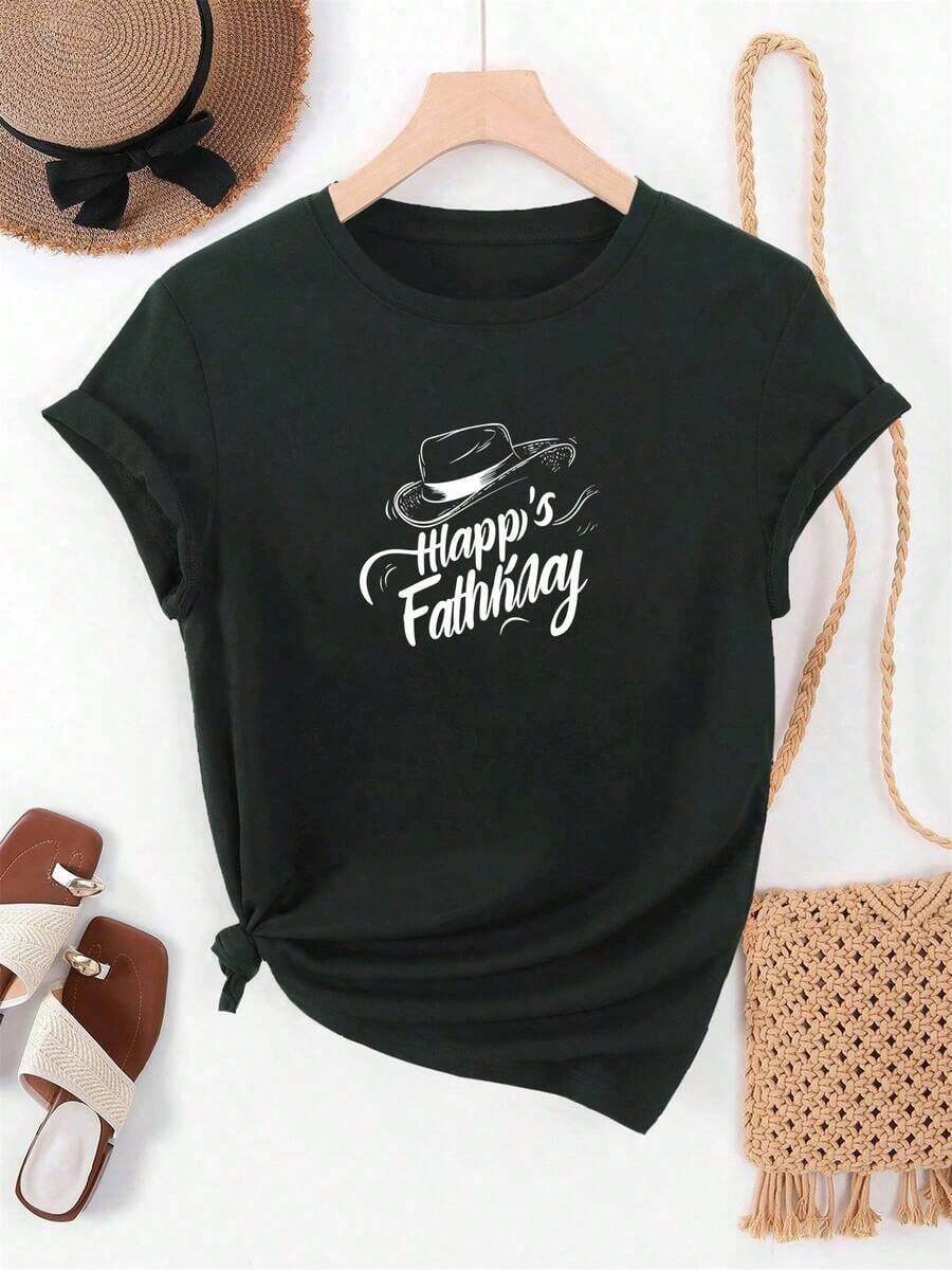 Women's Short Sleeve T-Shirt For Father's Day - Casual White Summer T-Shirt With "Happy Father's Day" Printed In Black - Crew Neck T-Shirt For Everyday Wear, Suitable For Gifts For Dad And Family Celebrations - Machine Washable Women's Clothing, Great Gift Idea For The Holidays, Short Sleeve T-Shirt, Easy Care Clothing, Excellent Gift Choice. Leisure - 黑色 - 查看 1