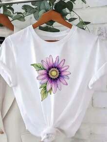 Premium 100% Cotton Black Short-Sleeved T-Shirt With Tie Hem | Wo Summer Casual T-Shirt With Purple Floral Design Featuring A Yellow Center And Green Leaves, Regular Fit, Crew Neck - Pairs Well With White Clothing, Features Gold Buttons. Gift Idea. - 白色 - 查看 7