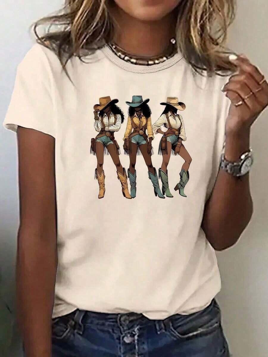 Women's Short Sleeve Summer T-Shirt, Black Denim Graphic Tee, Western Style Cowboy Print Tops, Casual Everyday Wear, Breathable Fabric, Perfect For Western Fashion Fans And Black Heritage Enthusiasts - 彩色 - 查看 1