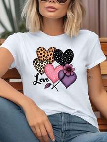 Women's Casual Short-Sleeved Crew Neck T-Shirt With A Colorful Leopard, Star, And Heart Print, Perfect For Everyday Summer Wear, Casual Outings, And As A Holiday Gift. 4X7N 100% Cotton - 白色的 - 查看 1
