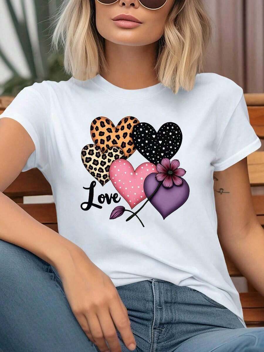 Women's Casual Short-Sleeved Crew Neck T-Shirt With A Colorful Leopard, Star, And Heart Print, Perfect For Everyday Summer Wear, Casual Outings, And As A Holiday Gift. 4X7N 100% Cotton - 白色的 - 查看 1
