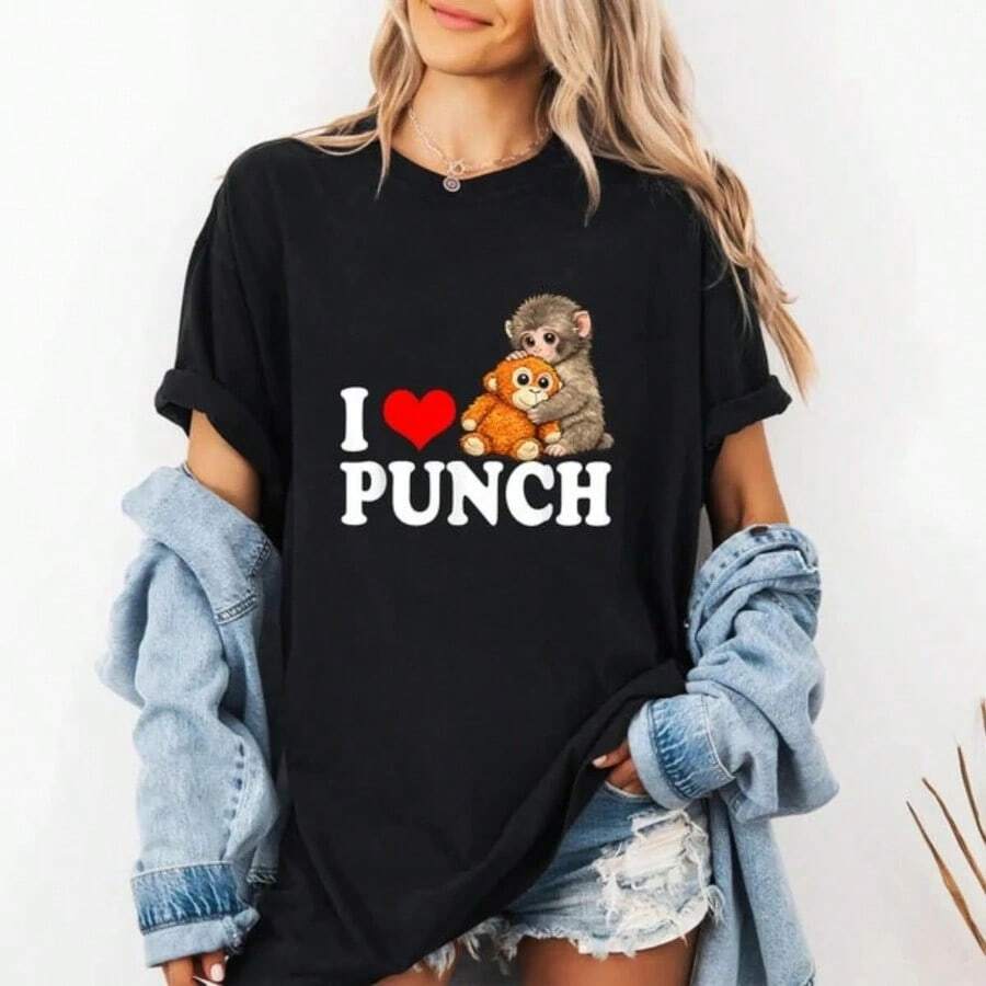 Premium T-Shirt With Cute Cartoon Gorilla Print I ❤️ PUNCH Text Design For Casual Daily Wear - Warm, Comforting, Soft, Endearing, Cute, Adorable, Unique, A Great Gift Idea. - Black - View 1