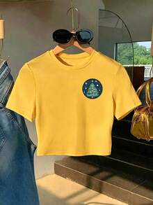 女款短版 T-shirt 上衣 黃色，新年圖案，夏季 - 黃色 - 查看 4