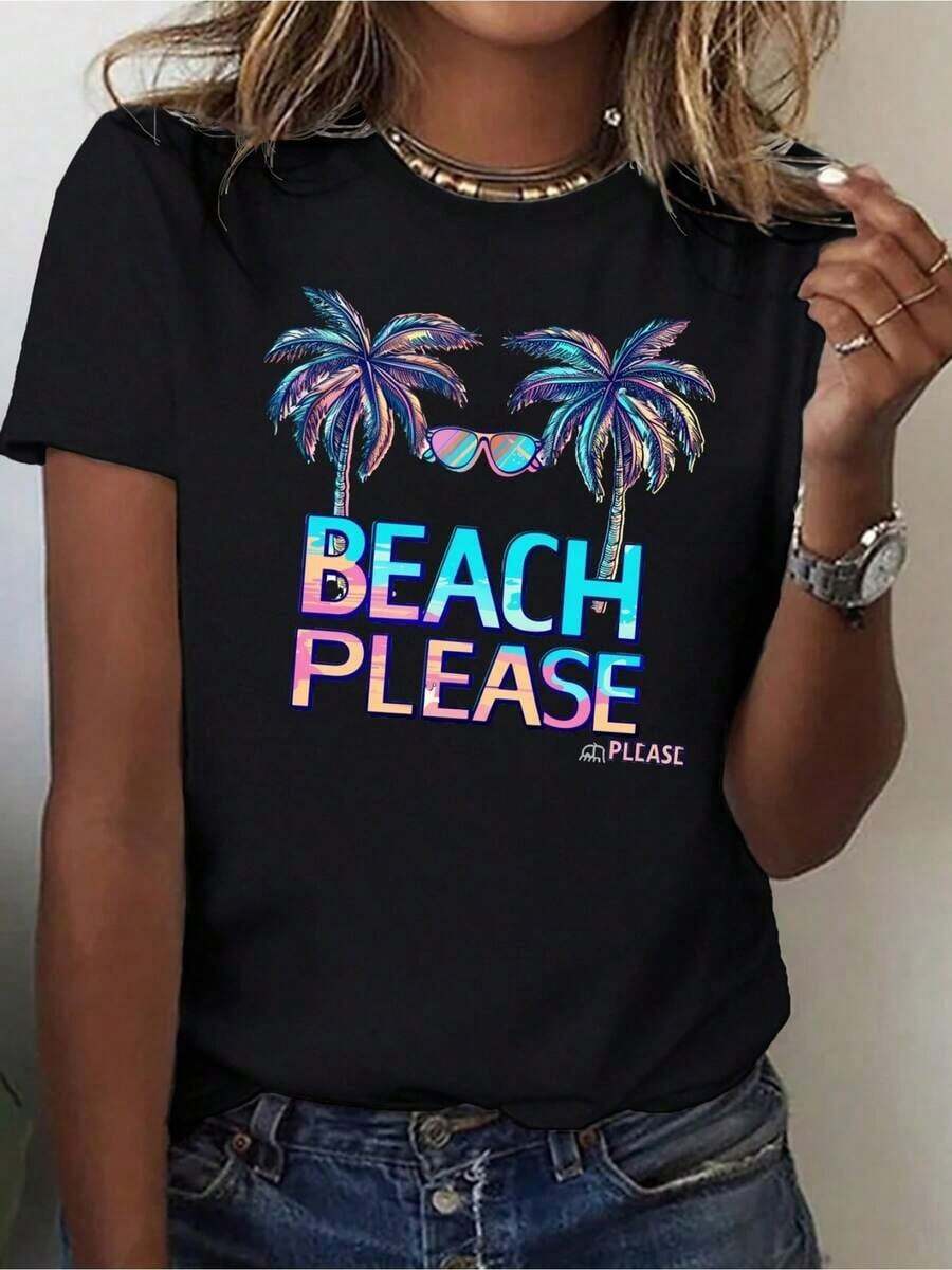 Women's Soft Neon Print "BEACH PLEASE" T-Shirt - Casual Black T-Shirt With Palm Tree Design, Short Sleeves, And A Round Neck For Spring And Summer. Women's Short-Sleeve T-Shirts, Graphic Tees, Women's Graphic Tops, Summer T-Shirts, Casual T-Shirts, Summer Tops, Summer Sets For Women, Comfortable Casual Short-Sleeve Round-Neck T-Shirt, Elegant Blouses For Ladies. - 黑色 - 查看 1