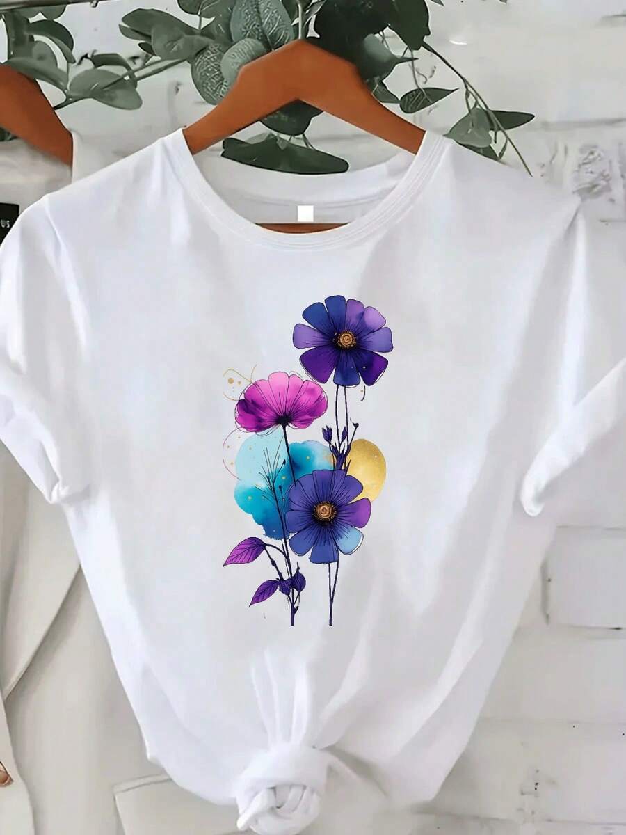 Women's T-Shirt With Round Neck And Anime Letter Print, Simple Design, Comfortable And Breathable, Suitable For Casual Daily Wear, Showing A Natural And Elegant Style, A Must-Have For Summer Parties. - 白色 - 查看 1