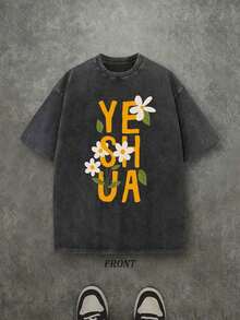 Vintage Washed T-Shirt With Single-Sided Print (230g Pure Cotton T-Shirt) 'Yeshua With Flower' Christian Yeshua T-Shirt, Christian Gift, Unisex T-Shirts, Casual Men's T-Shirt, Comfortable And Fashionable T-Shirt, Urban Style Cotton - 黑色 - 查看 8