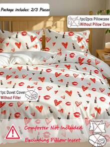 2pcs/3pcs Watercolor Heart-Shaped Lip Print Lipstick Digital Printed Duvet Cover Set (1 Duvet Cover +2 Pillowcases Without Cores), Soft And Skin-Friendly Polyester Chemical Fiber For Daily Use, Suitable For All Four Seasons In The Master Bedroom, Guest Bedroom And Secondary Bedroom - Multicolor - View 3