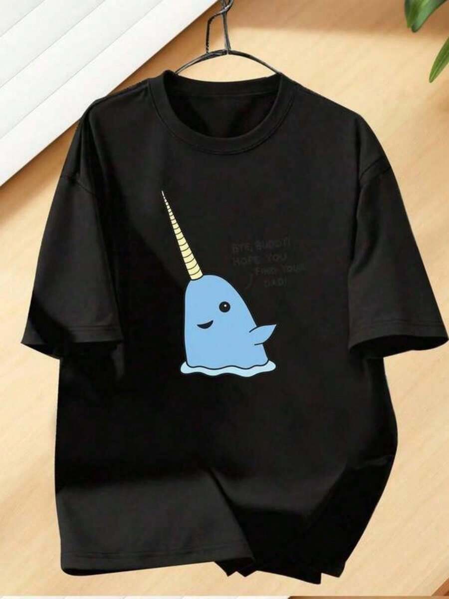 Women's Oversized Fashion T-Shirt, Casual Printed T-Shirt, With "Cute Blue Narwhal Cartoon" Print, Suitable For All Seasons, Casual Wear T-Shirt, Comfortable Material, Perfect Gift, Fashionable Choice. - 黑色 - 查看 1