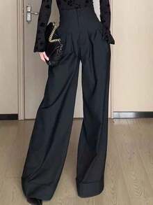 Pantalones de pierna ancha y cintura alta plisados de unicolor con bolsillos en diagonal - Negro - Ver 1