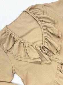 Vestido largo cuello V con volantes y manga acampanada, estilo vacacional primavera verano 2026 - Caqui - Ver 4