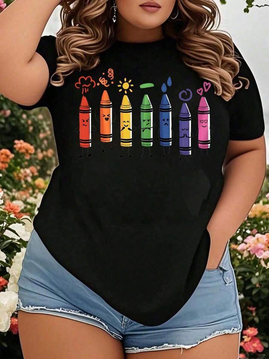 Women's T-Shirt, Women's Crayon Mood Face Design T-Shirt For Women, Plus Size, Fun Cartoon Design, Black Crew Neck, Summer Casual Wear, Gift For Art Lovers - 黑色 - 查看 1