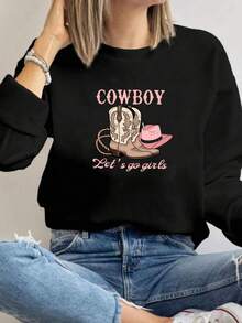 MSUCC|Women's Basic Crew Neck T-Shirt, Printed, American Style, Modern And Youthful Design, Suitable For All Seasons And Daily Wear, With Soft Fabric|Women's Cowboy Boot And Hat Print Sweatshirt - 黑色 - 查看 1