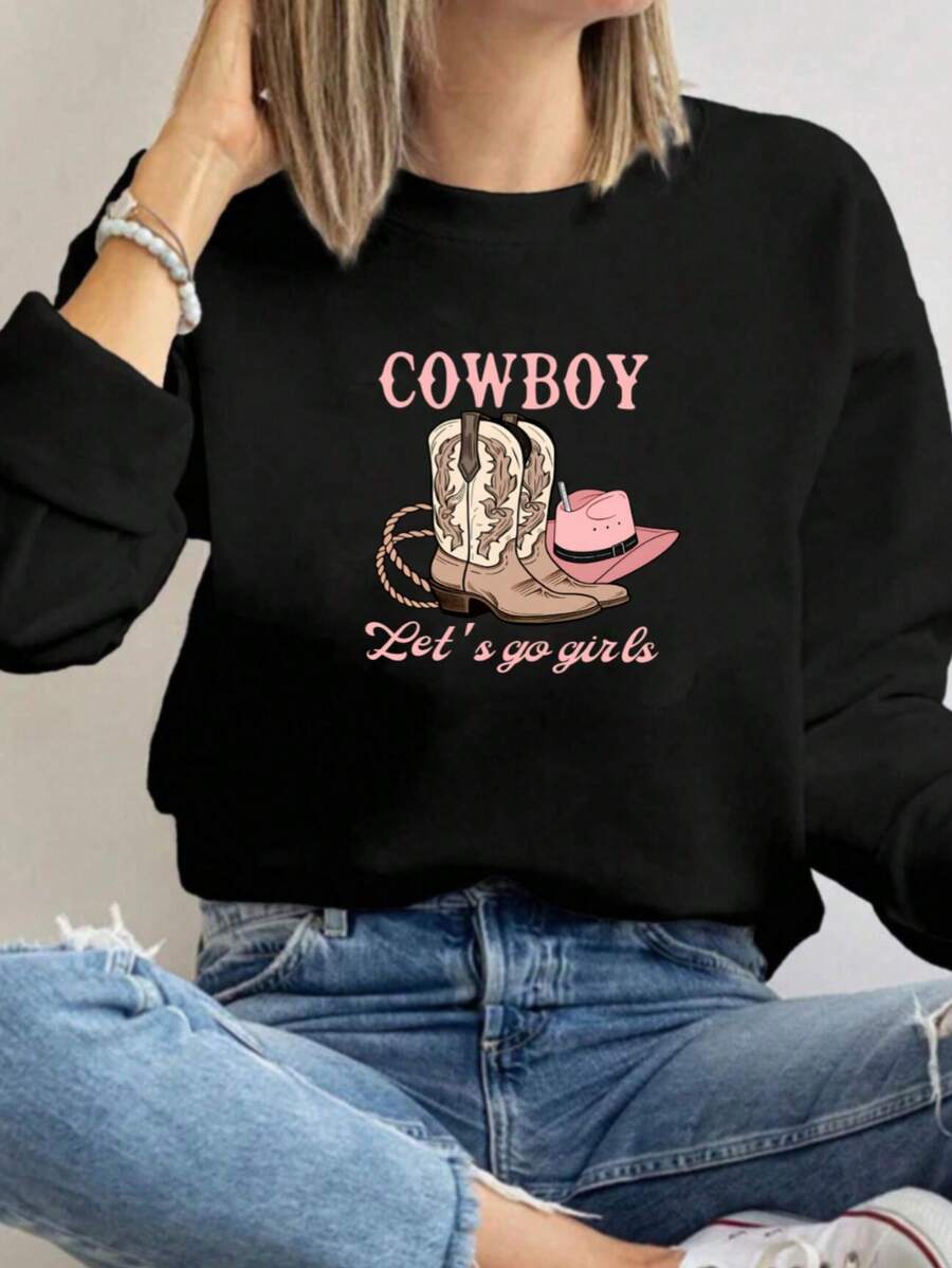 MSUCC|Women's Basic Crew Neck T-Shirt, Printed, American Style, Modern And Youthful Design, Suitable For All Seasons And Daily Wear, With Soft Fabric|Women's Cowboy Boot And Hat Print Sweatshirt - 黑色 - 查看 1
