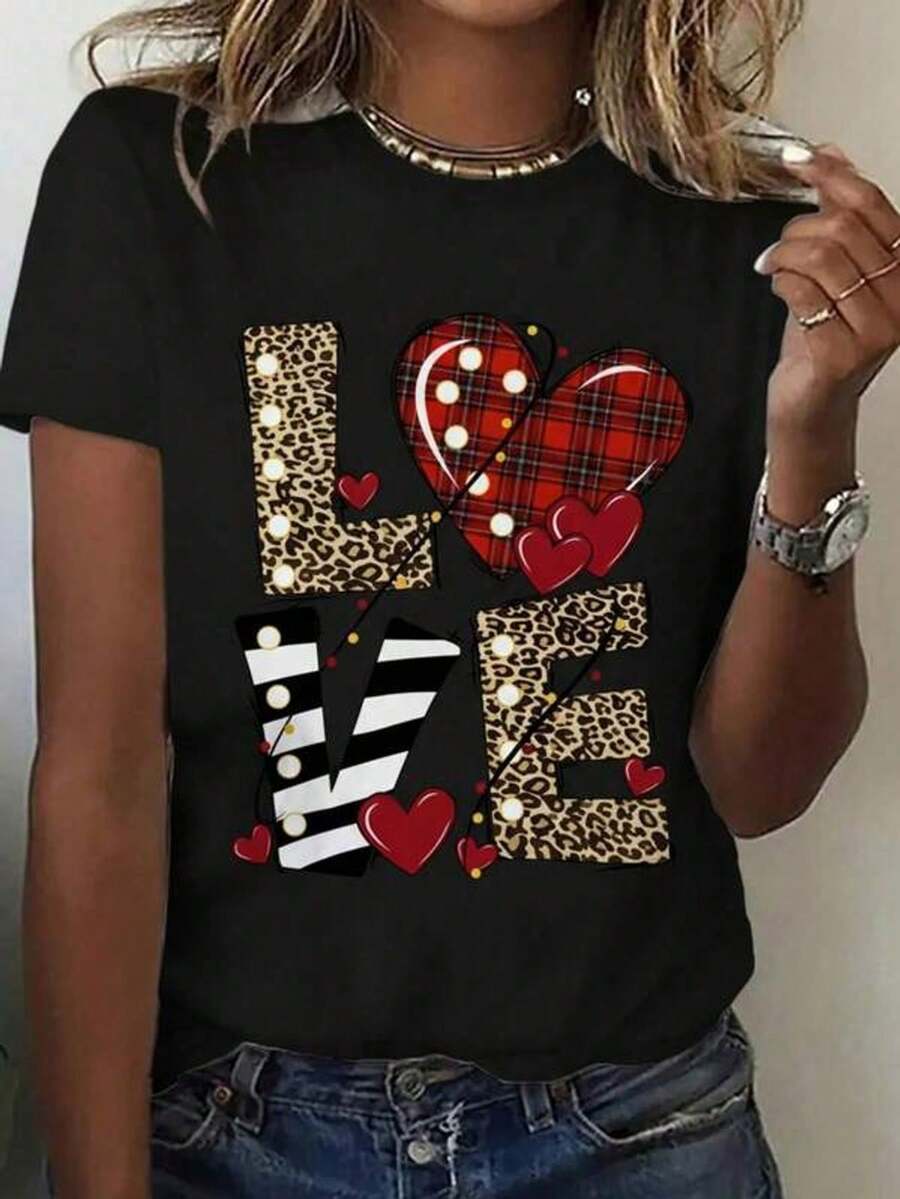 Women's Loose-Fitting Short-Sleeved T-Shirt With A Round Neck, Women's Blouses, Retro Heart Print. Soft And Durable Fabric, Ideal For Everyday Wear In All Four Seasons. - 黑色 - 查看 1