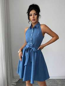 Elenzya Vestido de cuello de camisa sin mangas con tela de efecto lino de dos tonos y efecto de mezclilla, silueta en línea A, diseño elegante y romántico, adecuado para uso al aire libre - Azul lavado medio - Ver 5