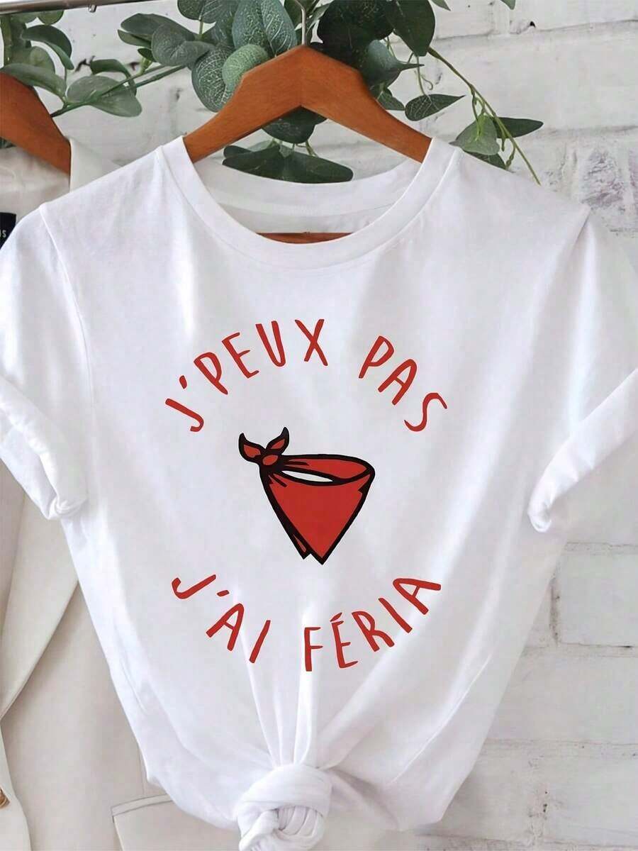Premium Crew Neck Top. Wo's Short-Sleeved T-Shirt With The French Print "J'PEUX PAS J'AI FERIA" (I CAN'T GO TO THE FAIR), Crew Neck, For Spring/Summer, Casual For Shopping And As A Holiday Gift. Comfortable And Relaxed Fit. Gift Idea. - 白色 - 查看 1