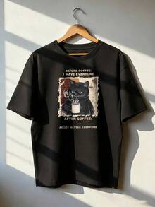 Black Cat T-Shirt With "Before Coffee / After Coffee" Text, Fashionable Short-Sleeve T-Shirt For Spring/Summer 2026, Made In Mexico, 180 Grams. Cartoon Print, Couple Design, Suitable For Indoor Or Outdoor Wear. Crew Neck, Unisex, Ideal For The Office And Leisure. One-Pack. - BK-P631577SLNDXZGY625 - 查看 1