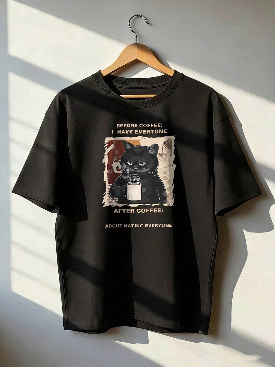 Black Cat T-Shirt With "Before Coffee / After Coffee" Text, Fashionable Short-Sleeve T-Shirt For Spring/Summer 2026, Made In Mexico, 180 Grams. Cartoon Print, Couple Design, Suitable For Indoor Or Outdoor Wear. Crew Neck, Unisex, Ideal For The Office And Leisure. One-Pack. - BK-P631577SLNDXZGY625 - 查看 1