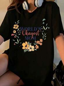 Women's Floral Design T-Shirt "The Most Normal Mom In The World", Mother's Day Gift, Casual Wear [Suitable For Leisure And Sports Activities] - Black - View 7