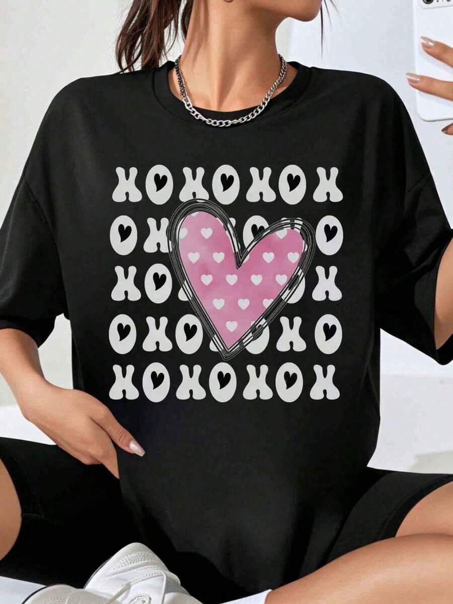 Women's Oversized T-Shirt With Xoxo Heart Print, Valentine's Day Love Design, Casual Loose Fit T-Shirt, Fashionable Garment - 黑色 - 查看 1