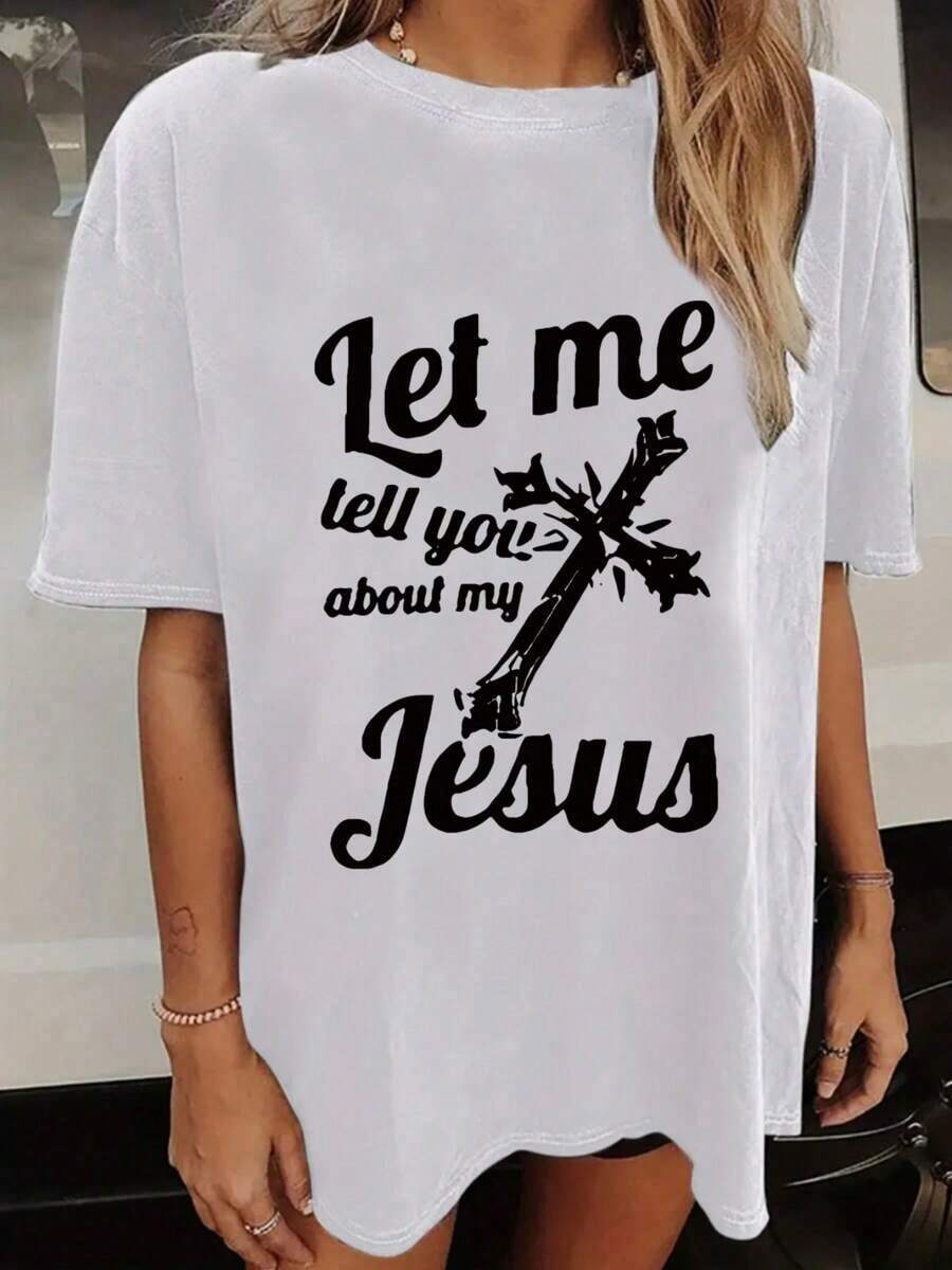 Women's Oversized Loose Fit Letter Print T-Shirt - Casual Polyester Crew Neck, All-Season Comfort, Festive Holiday Top, 1 Piece, Crew Neck, 100% Cotton, Soft Fabric, Short Sleeve - 白色 - 查看 1