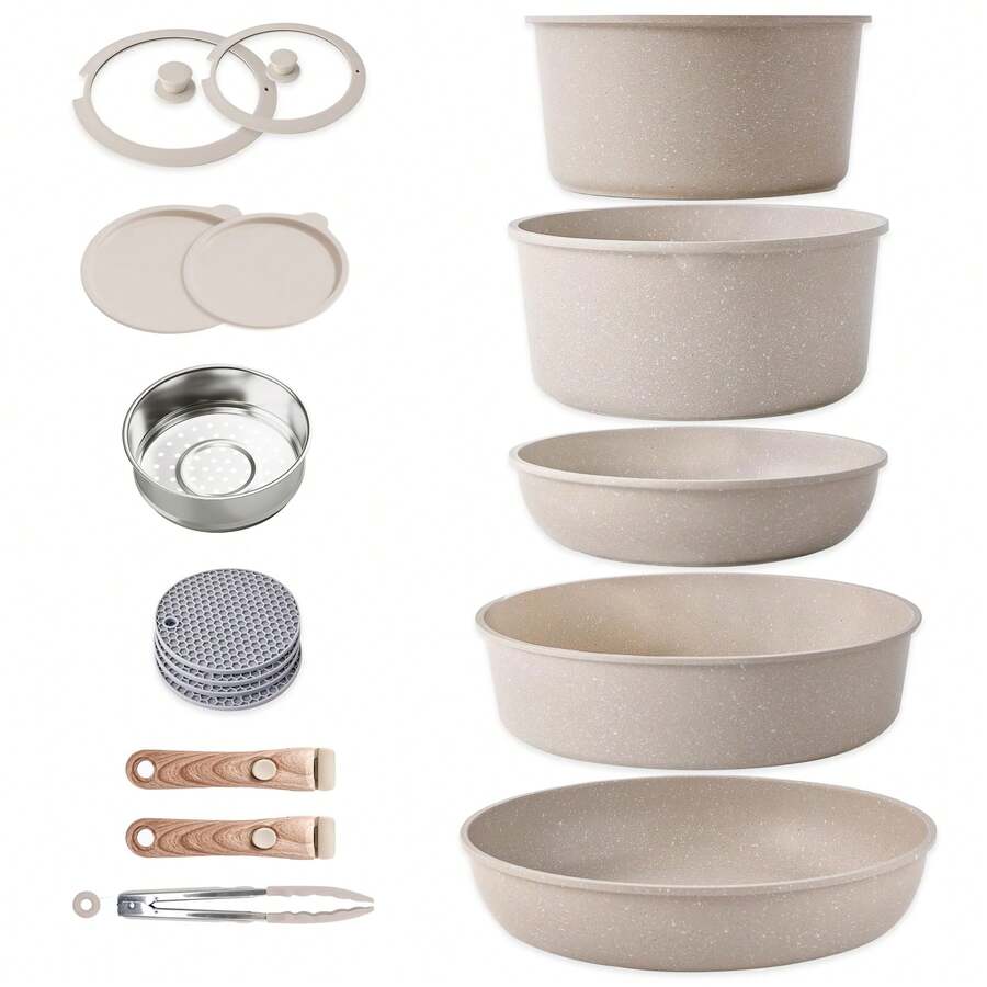 RIOVARM Induction Non Stick Frying Pan And Pot Set With Lids, Granite Cookware Set With Detachable Handles, Stackable Kitchen Cookware With Removable Handles, Camping Frying Pan Set - 查看 1