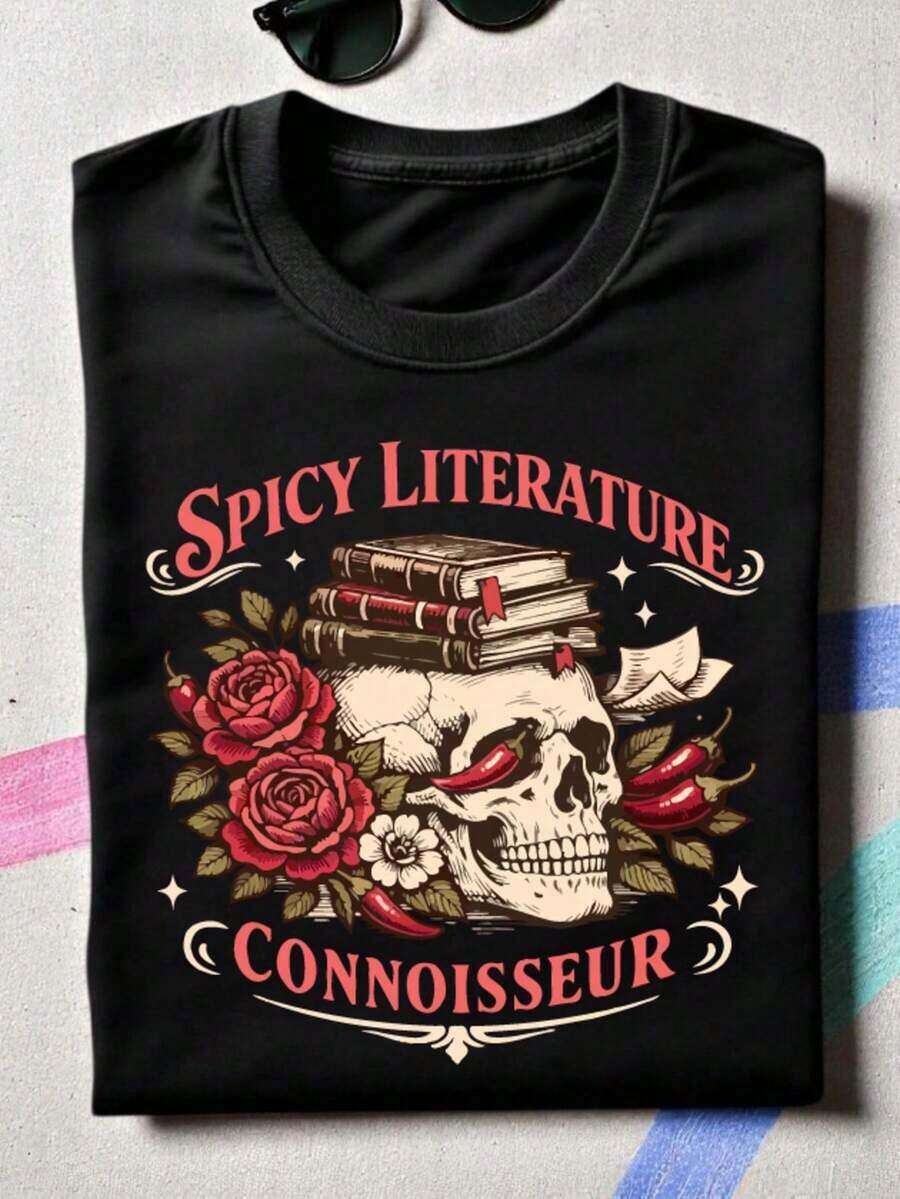 Summer Soft Casual Crew Neck Short Sleeve T-Shirt, Literature Connoisseur T-Shirt, Book Lover T-Shirt, Book Club T-Shirt, Fun Gift For Librarians, Literary T-Shirt, Gift For Book Lovers M-618t, Going Out T-Shirts, Cotton, Vintage, European And American Street Style, Sporty Casual, Unisex Style, Urban Casual Style, Cute T-Shirts, G - 黑色 - 查看 1