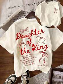 Camiseta Gráfica 'La Hija del Rey', Ropa de Fe con Estética Bíblica para Mujer, Camiseta Casual de Manga Corta con Cuello Redondo y Texto Impreso en la Espalda - Albaricoque 3 - Ver 5