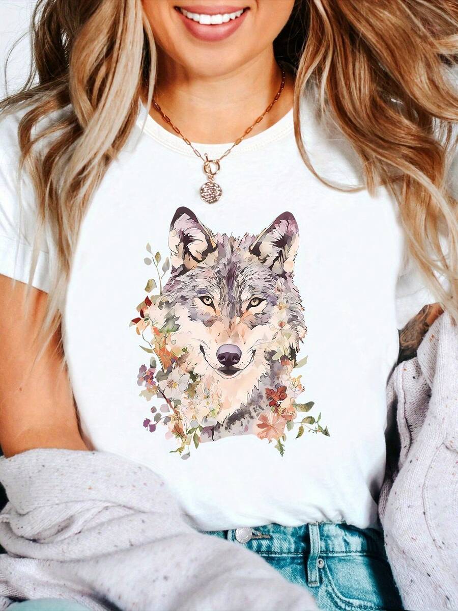 Camiseta con estampado de lobo en acuarela, camiseta con diseño de lobo vintage, hermosa camiseta con estampado de animales que recuerda una pintura de acuarela, un regalo para los amantes de la naturaleza, camiseta de arte abstracto - [Blanco] - Ver 1