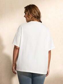 Touch Of Art Joris Hoefnagel Plus Size Floral And Letter Print T-Shirt, Crew Neck, Drop Shoulder, Short Sleeve, Women's Graphic Tees, Floral Print T-Shirt, Vintage T-Shirts, Women's Graphic Tees, Plus Size Streetwear For Women, Cute Summer Tops, Plus Size Summer T-Shirt - 白色 - 查看 3